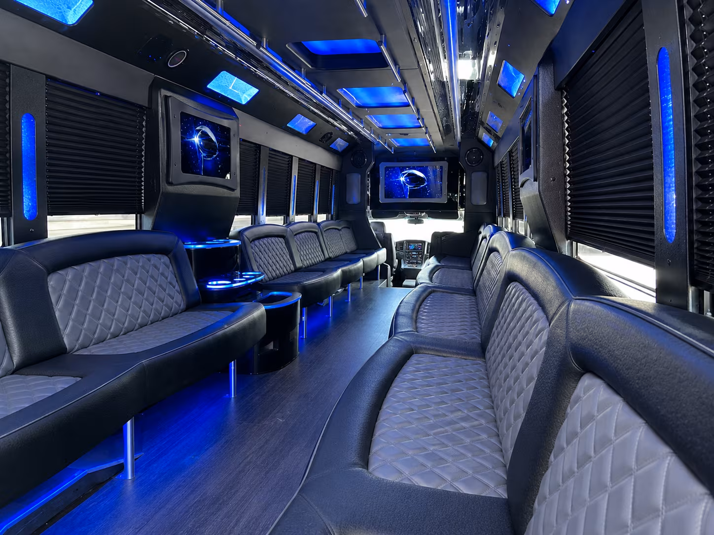 Wedding guests seated inside a party bus serving Brownsville